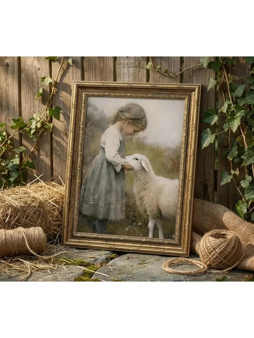 Vintage Gold Framed Cottagecore Wall Art - Aesthetic Sheep Print Decor 9x11in